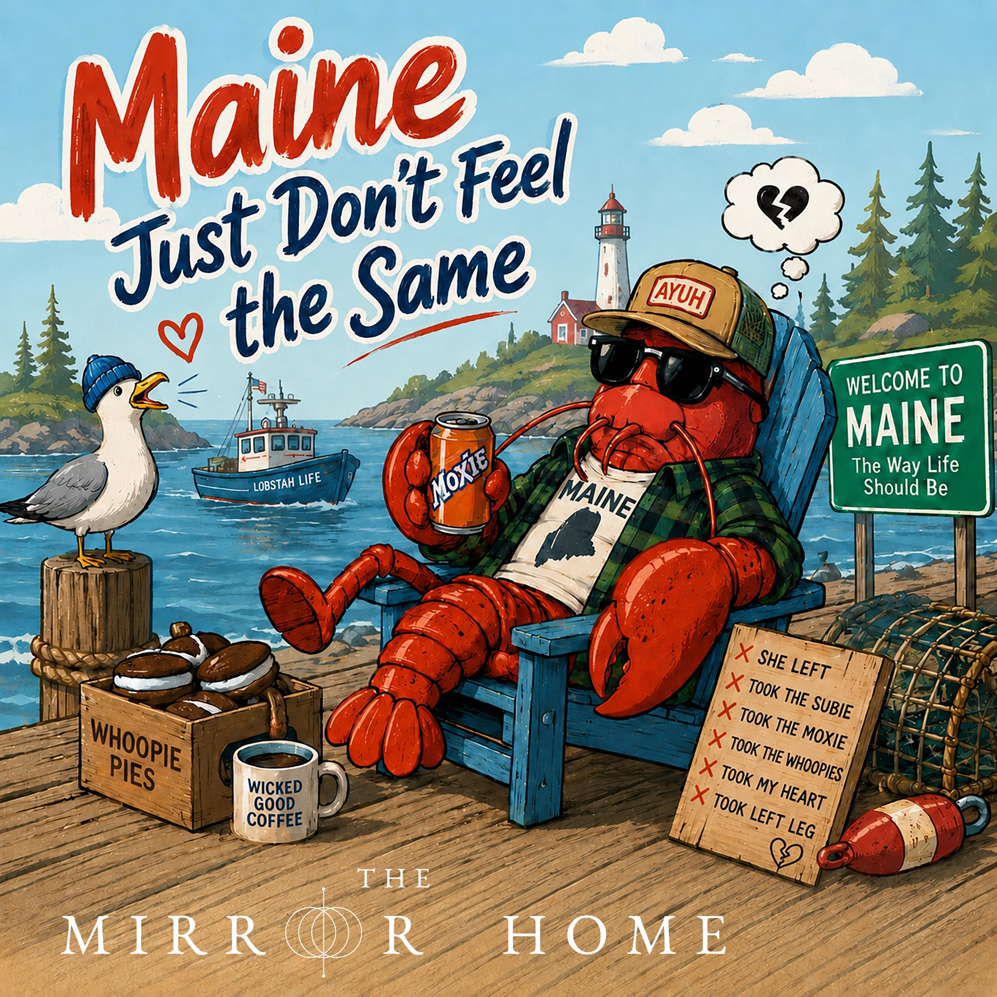 Illustrated cover art for Maine Just Don't Feel the Same, showing a melancholy lobster on the Maine coast surrounded by local references